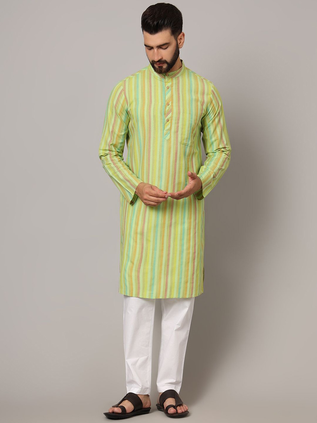 

Latest Chikan Garments Striped Mandarin Collar Straight Kurta, Green