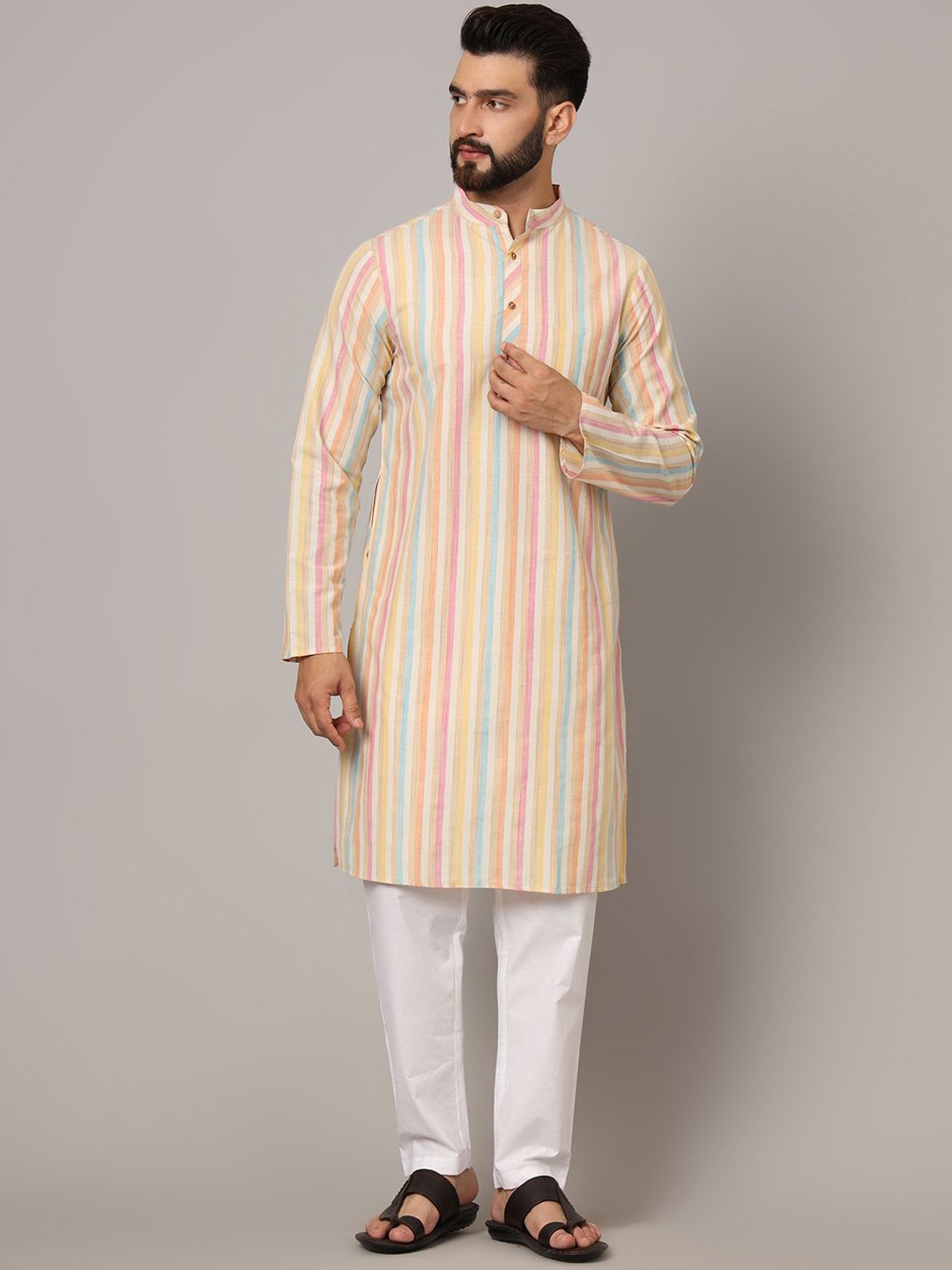 

Latest Chikan Garments Striped Mandarin Collar Straight Kurta, Yellow