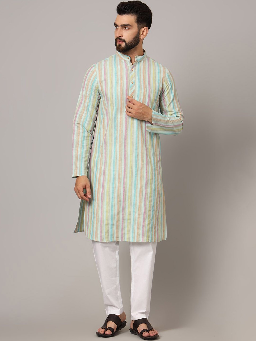 

Latest Chikan Garments Striped Mandarin Collar Straight Kurta, Blue