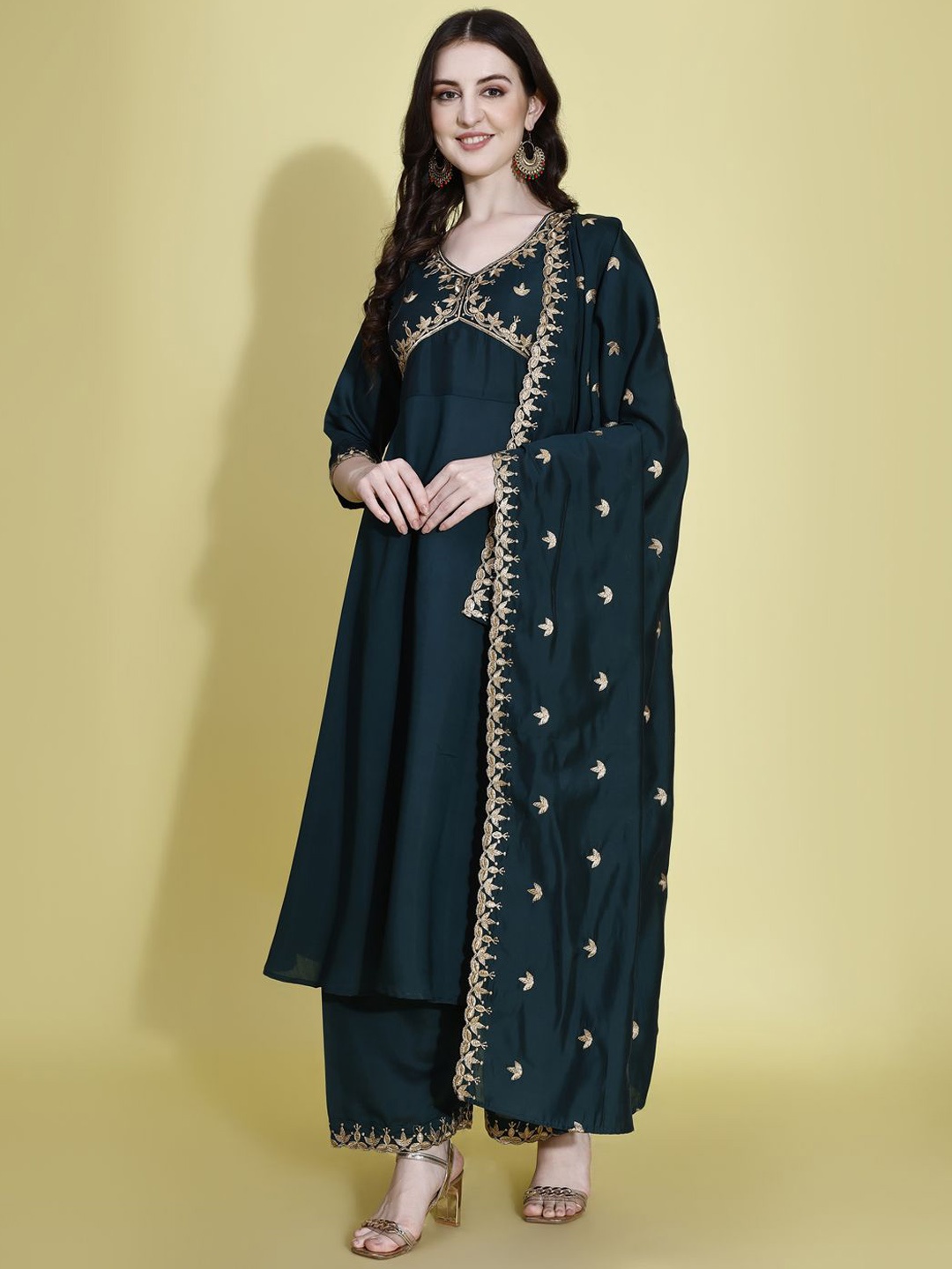 

KALINI Ethnic Motifs Embroidered A-Line Kurta With Palazzos & Dupatta, Green