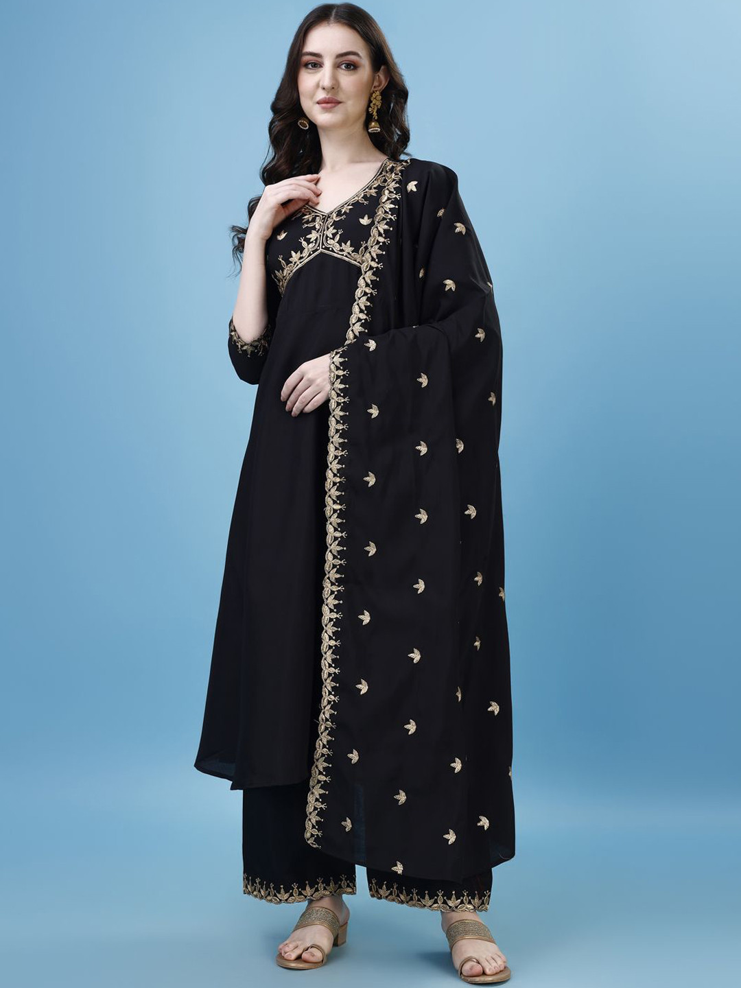 

KALINI Ethnic Motifs Embroidered A-Line Kurta With Palazzos & Dupatta, Black