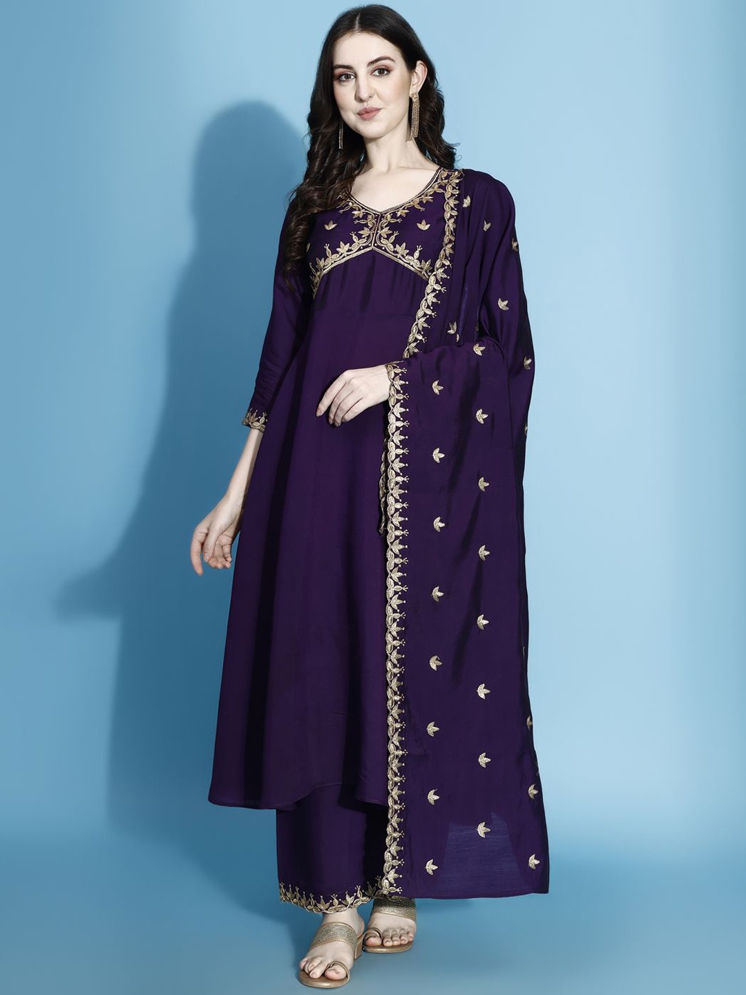 

KALINI Floral Yoke Design Empire A-Line Kurta with Palazzos & Dupatta, Purple