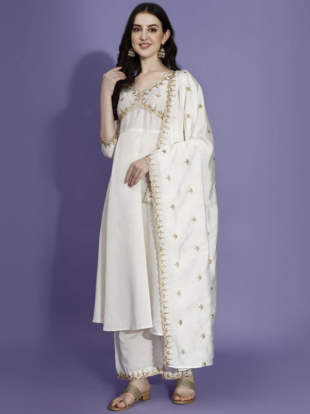 

KALINI Floral Embroidered Empire Anarkali Kurta With Palazzos & Dupatta, White