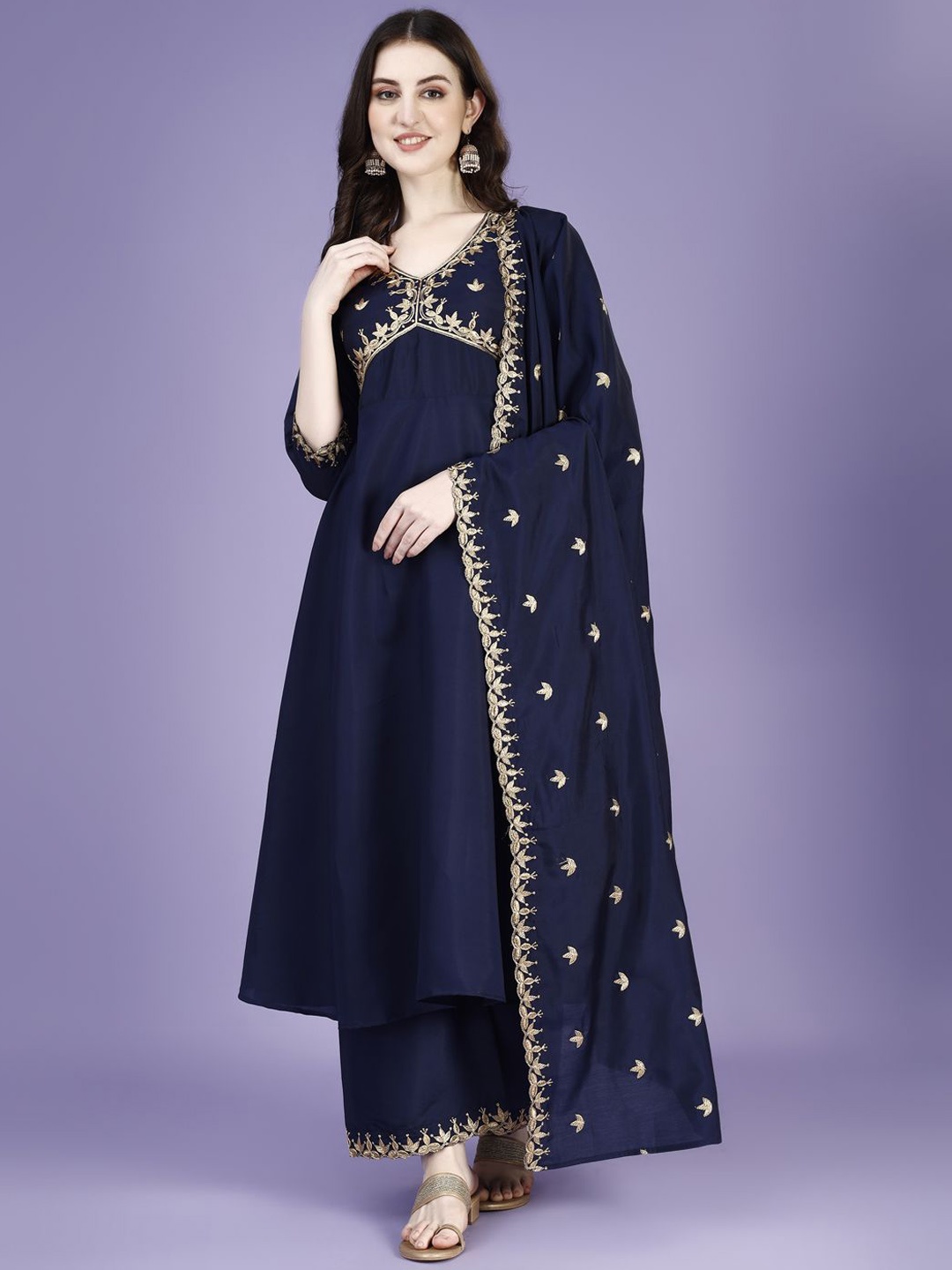 

KALINI Floral Embroidered Anarkali Kurta With Palazzos & Dupatta, Blue
