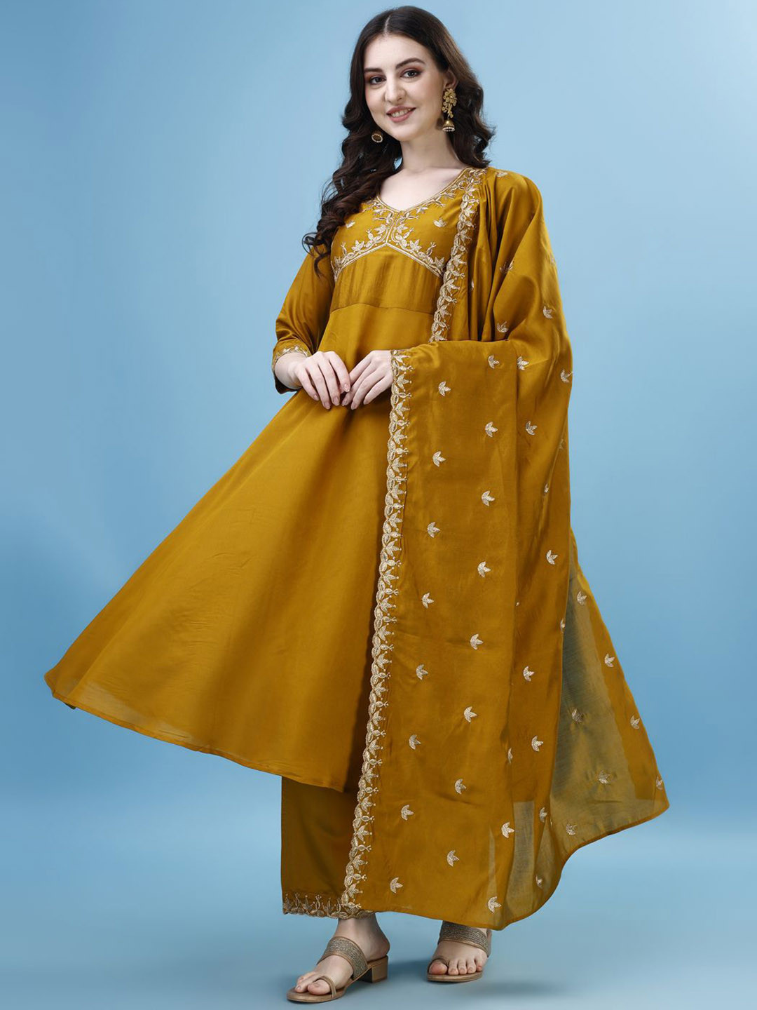 

KALINI Ethnic Motifs Yoke Design Embroidered Anarkali Kurta with Palazzos & Dupatta, Yellow