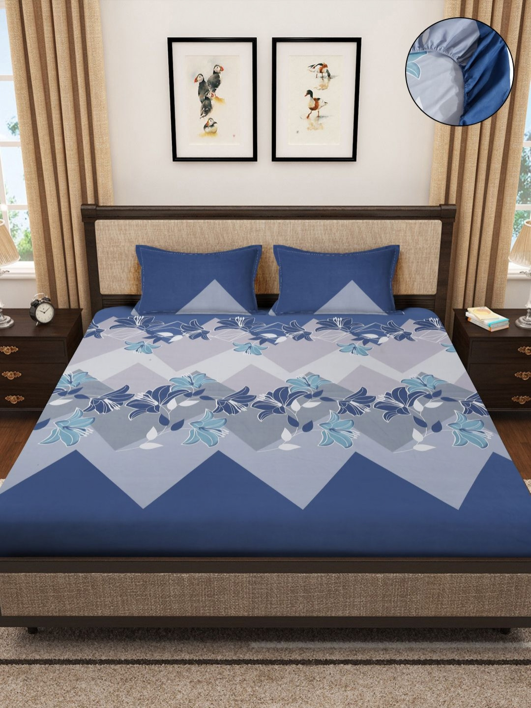 

SOKNACK Blue & White Printed 280 TC Fitted Double King Bedsheet With 2 Pillow Covers