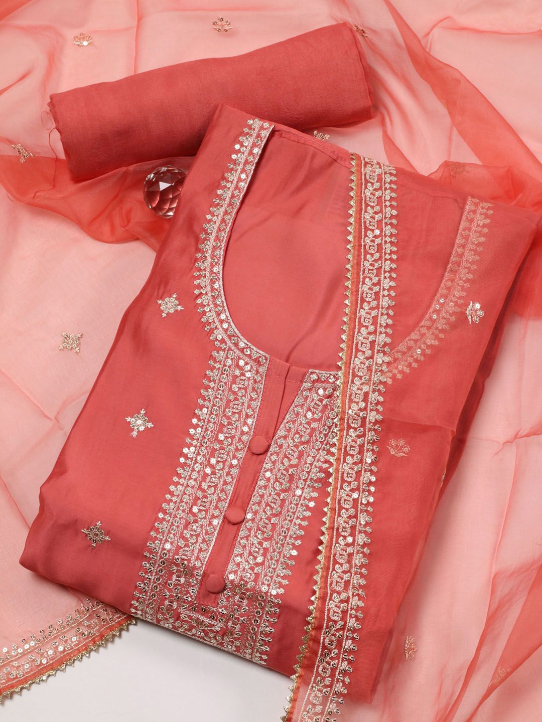 

Meena Bazaar Ethnic Motifs Embroidered Sequinned Unstitched Dress Material, Peach