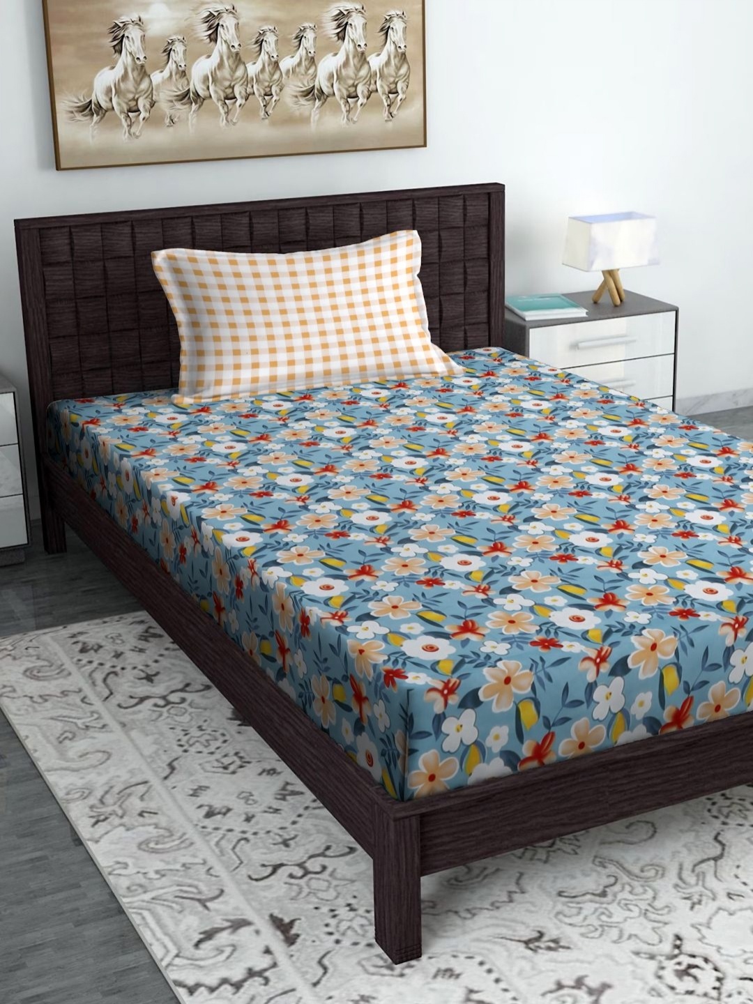 

SOKNACK Blue & Red Floral Printed 280 TC Single Bedsheet With 1 Pillow Cover