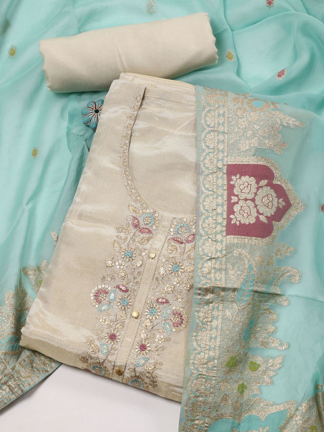 

Meena Bazaar Floral Embroidered Sequinned Unstitched Dress Material, Beige