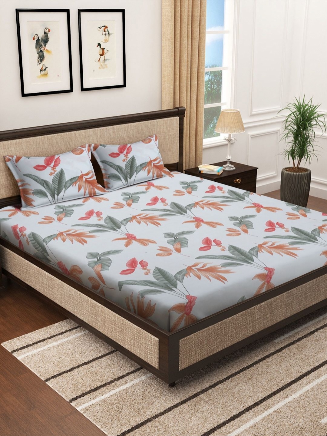 

SOKNACK Blue & Grey Floral Printed 280 TC Double King Bedsheet With 2 Pillow Covers