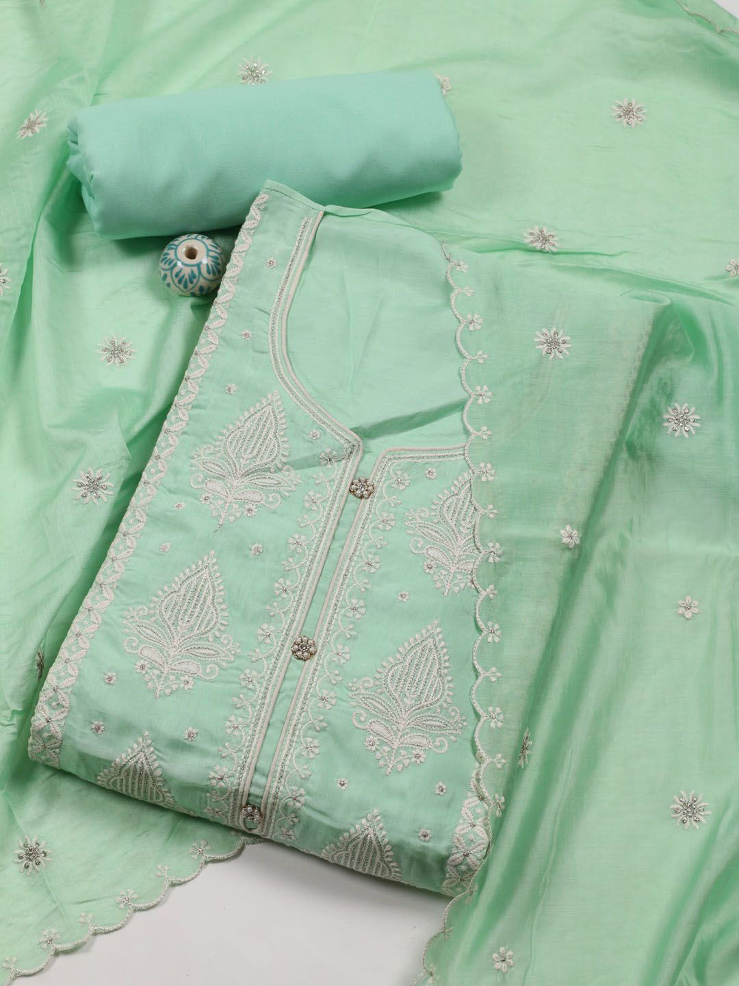 

Meena Bazaar Ethnic Motifs Embroidered Unstitched Dress Material, Green