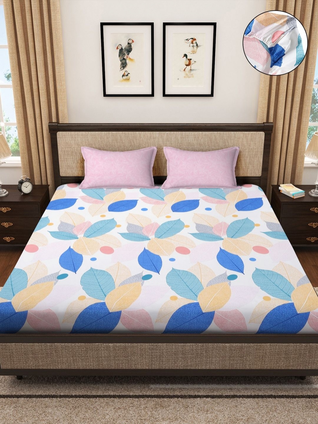 

SOKNACK White Printed 280 TC Fitted Double King Bedsheet With 2 Pillow Covers