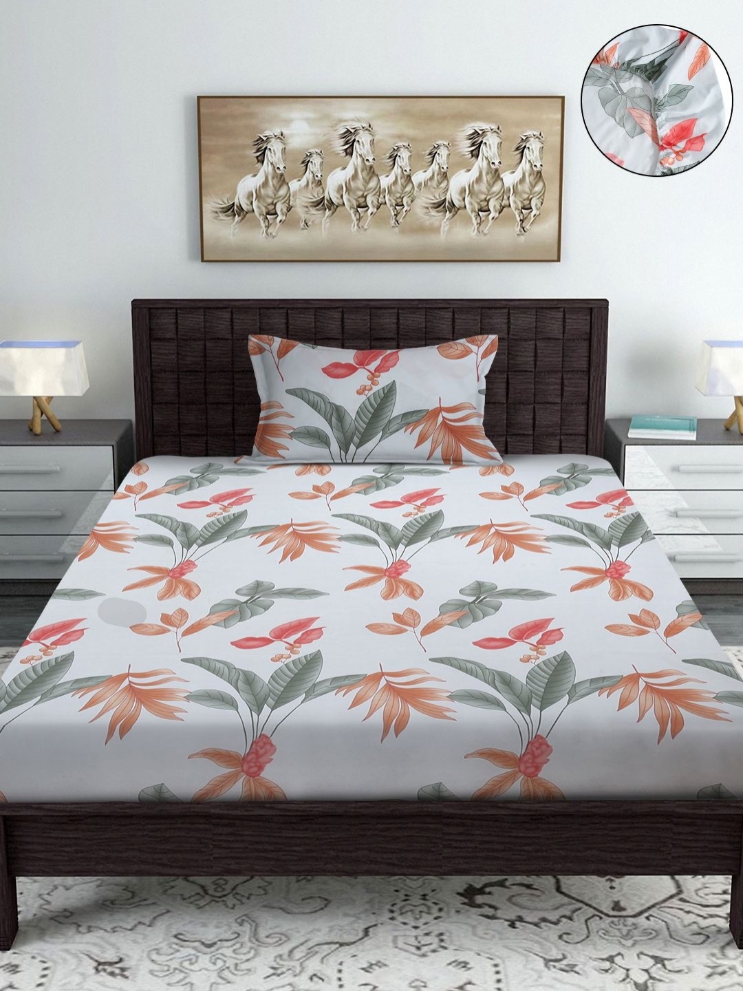 

SOKNACK Grey & Pink Floral Printed 280 TC Fitted Single Bedsheet With 1 Pillow Cover