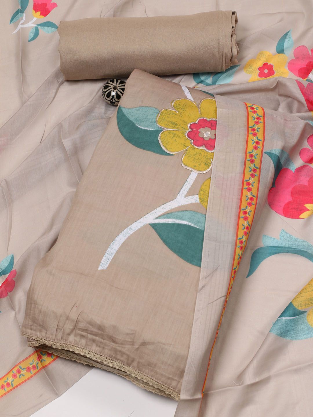 

Meena Bazaar Floral Printed Unstitched Dress Material, Beige