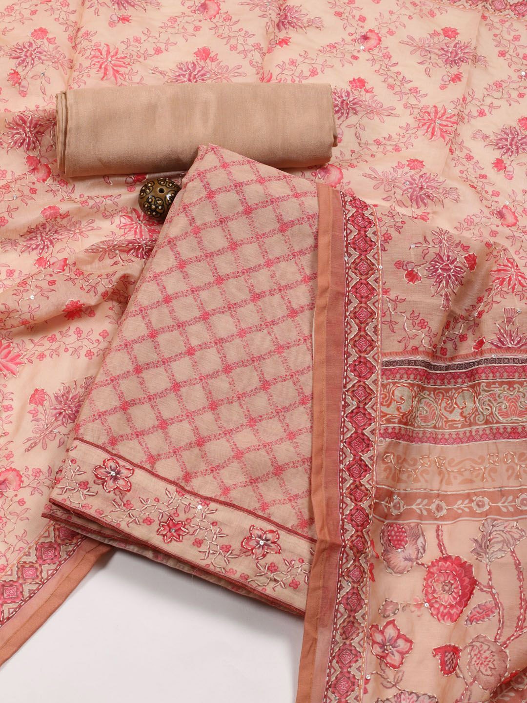 

Meena Bazaar Ethnic Motifs Printed Sequinned Unstitched Dress Material, Peach