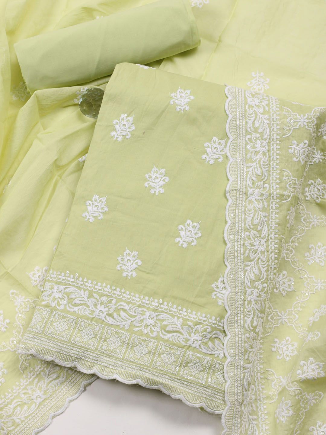 

Meena Bazaar Floral Embroidered Unstitched Dress Material, Green
