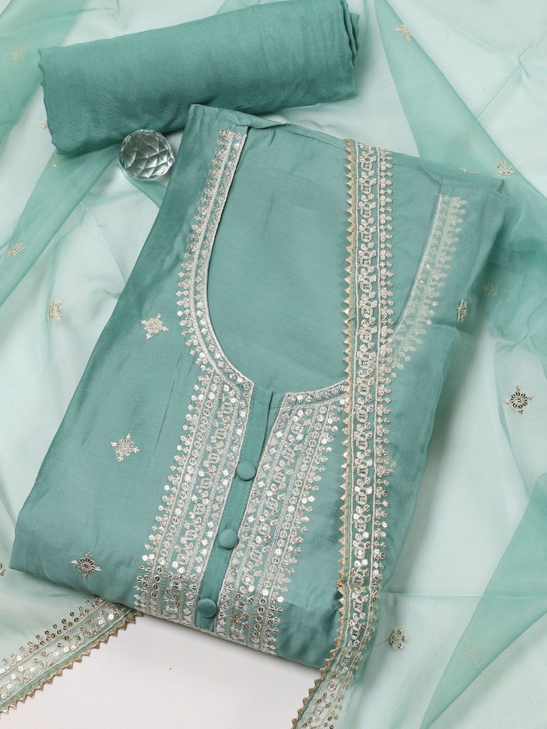 

Meena Bazaar Ethnic Motifs Embroidered Sequinned Unstitched Dress Material, Sea green