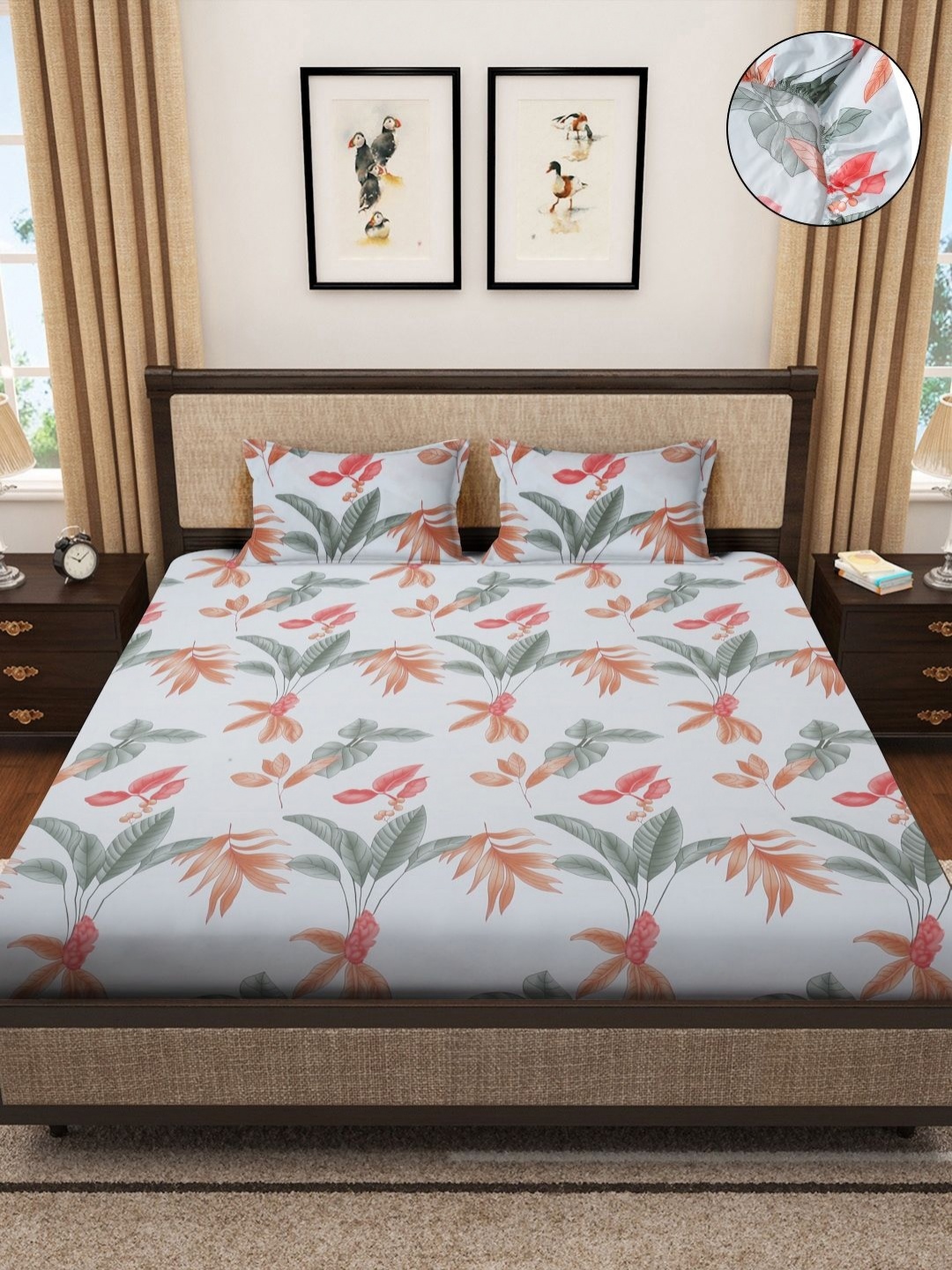 

SOKNACK Blue & Pink Floral Printed 280 TC Fitted Double King Bedsheet With 2 Pillow Covers