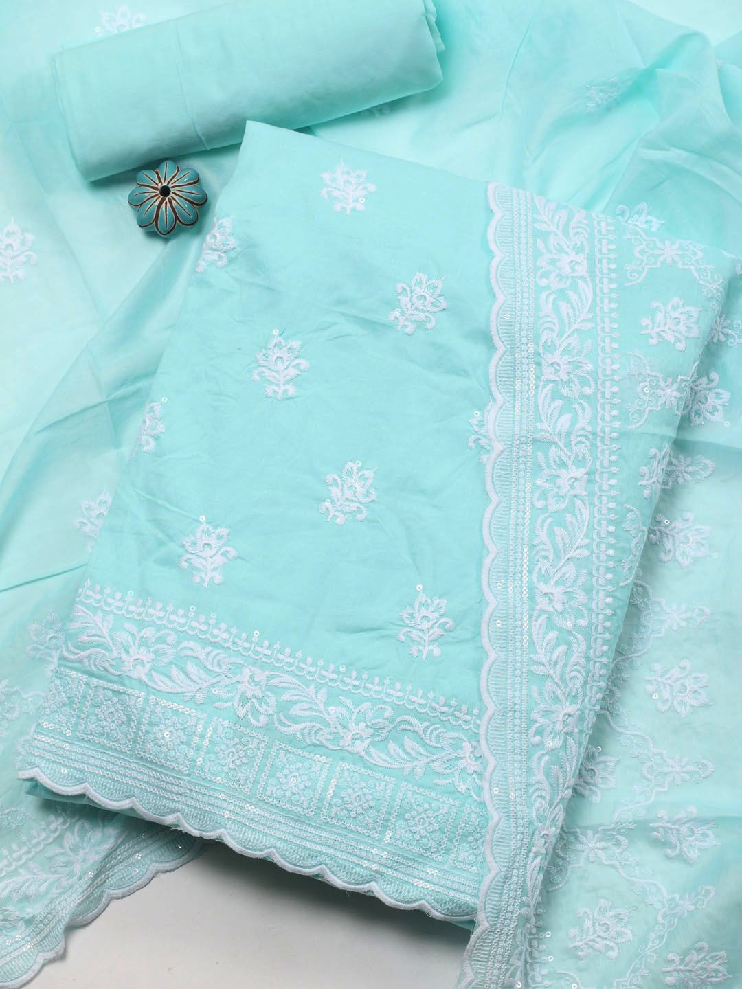 

Meena Bazaar Floral Embroidered Sequinned Unstitched Dress Material, Blue