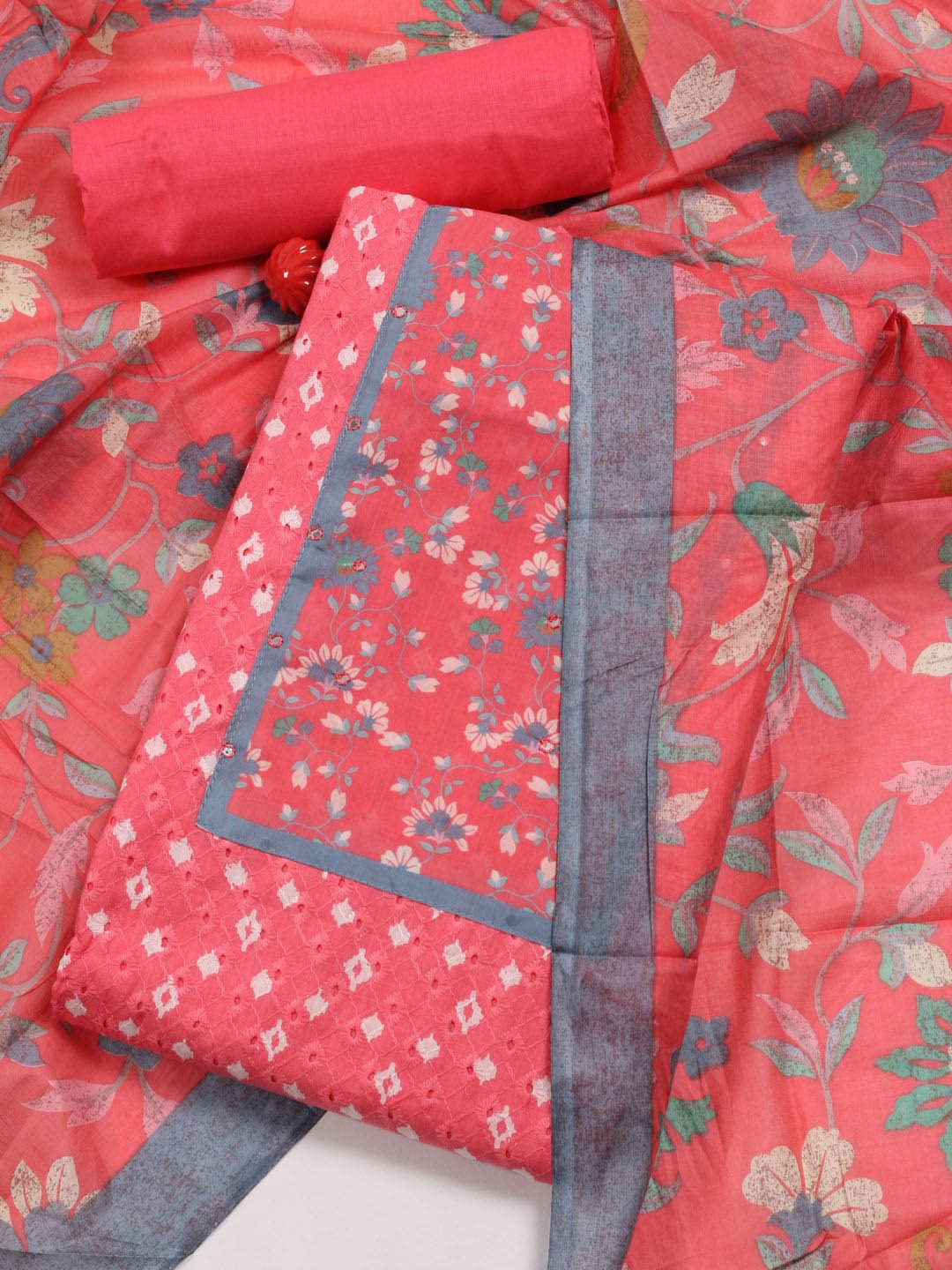 

Meena Bazaar Floral Printed Mirror Work Unstitched Dress Material, Pink