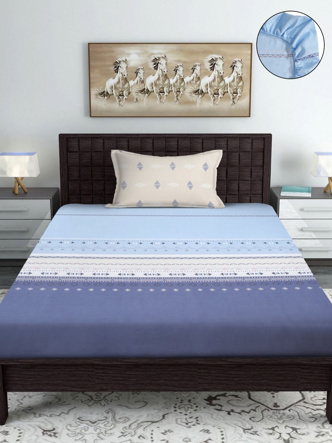 

SOKNACK Blue & Beige Geometric Printed 280 TC Fitted Single Bedsheet With 1 Pillow Cover