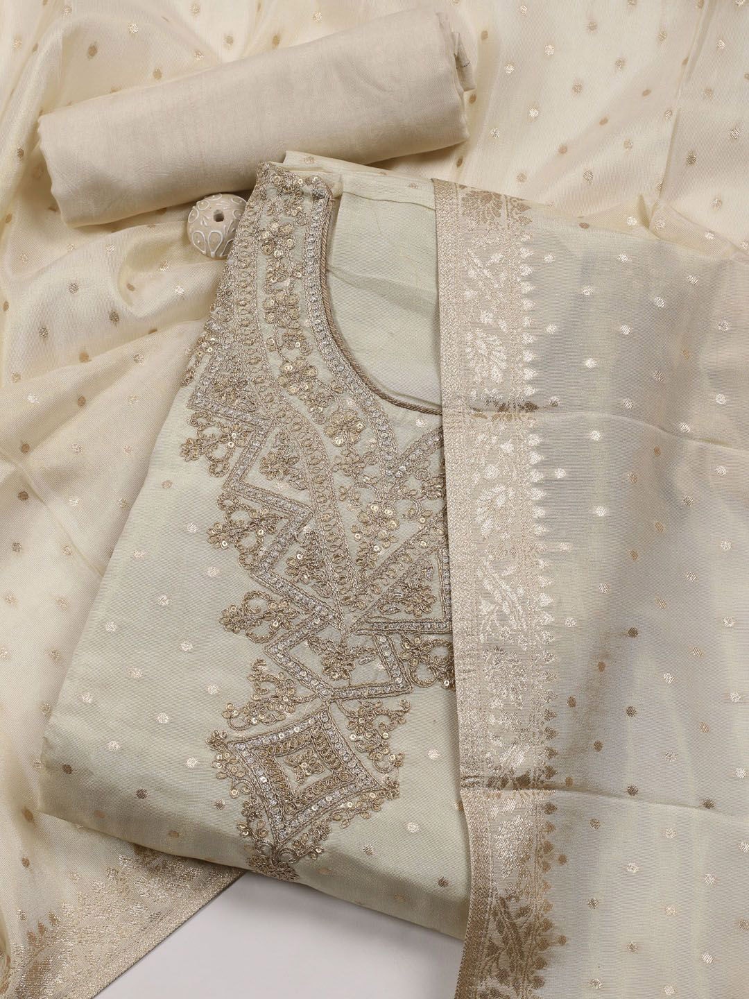 

Meena Bazaar Ethnic Motifs Woven Design Sequinned Unstitched Dress Material, Beige