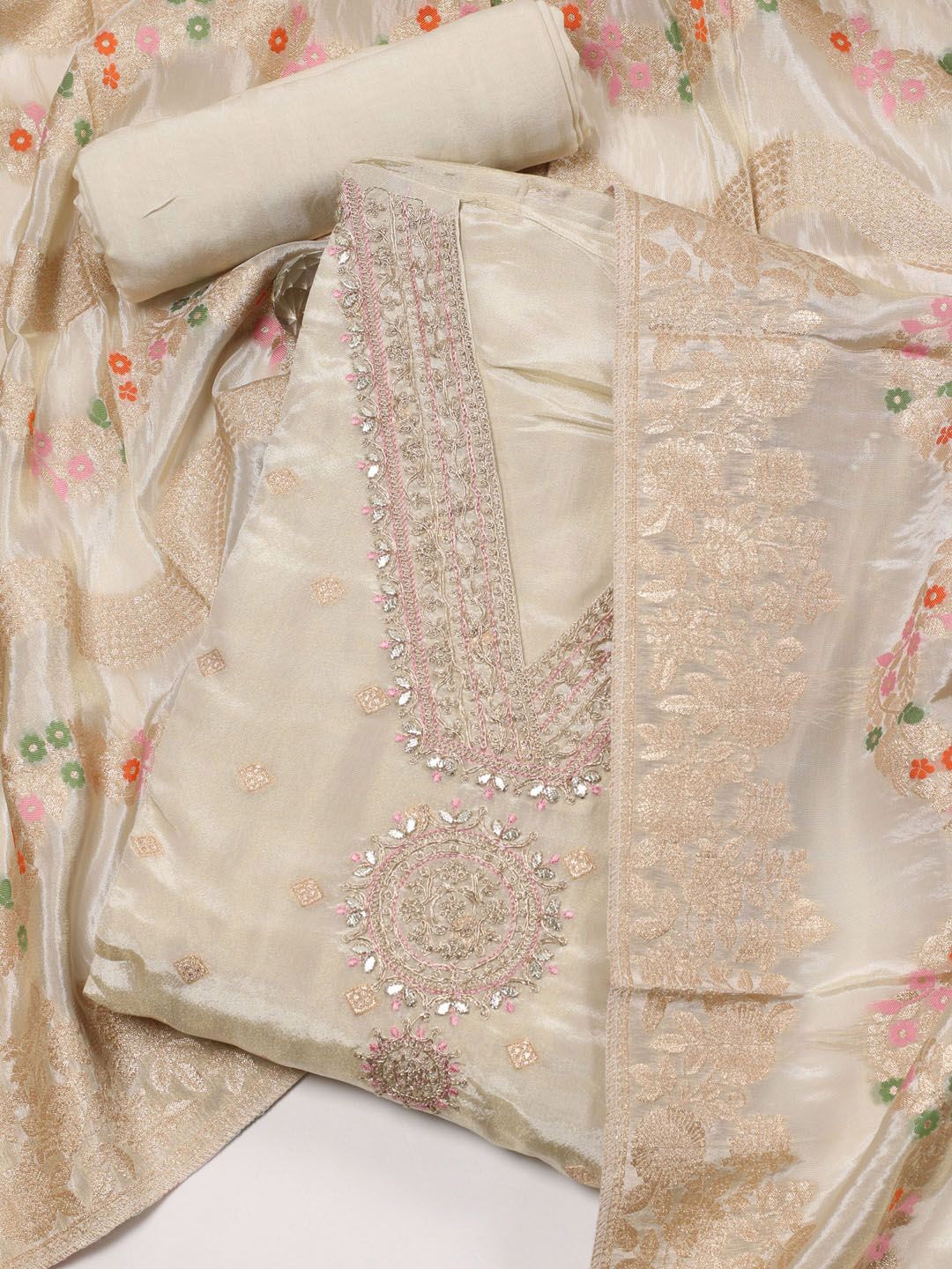 

Meena Bazaar Ethnic Motifs Embroidered Sequinned Unstitched Dress Material, Cream