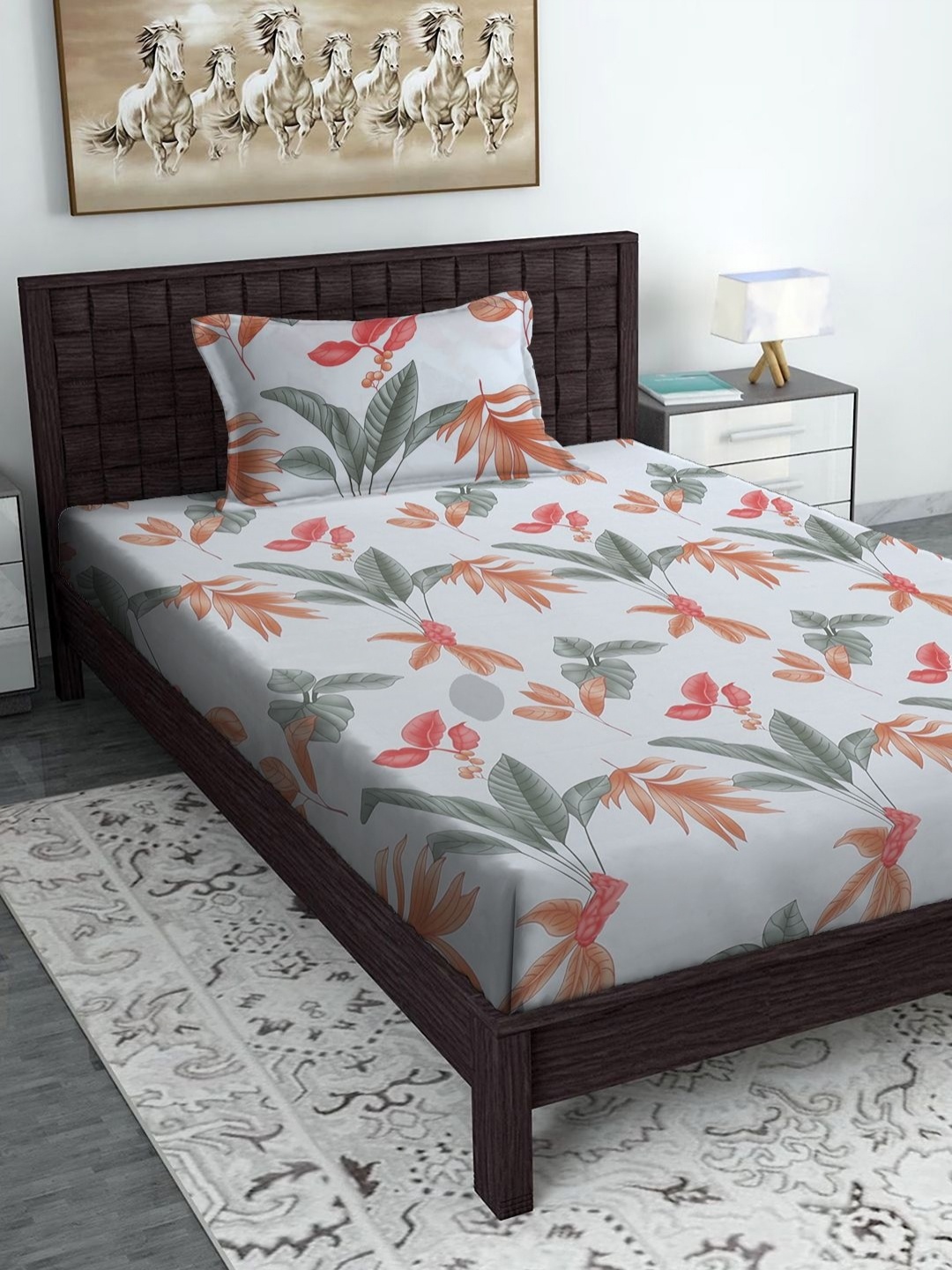 

SOKNACK Blue & Brown Floral Printed 300 TC Single Bedsheet with 1 Pillow Covers