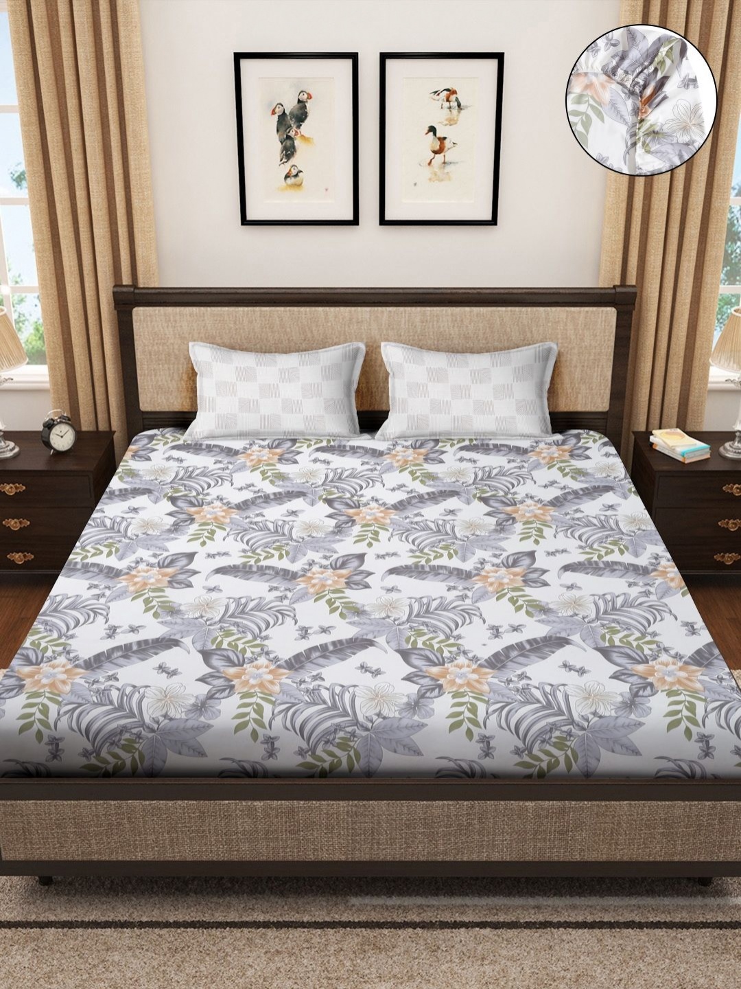 

SOKNACK White & Grey Printed 280 TC Fitted Double King Bedsheet With 2 Pillow Covers