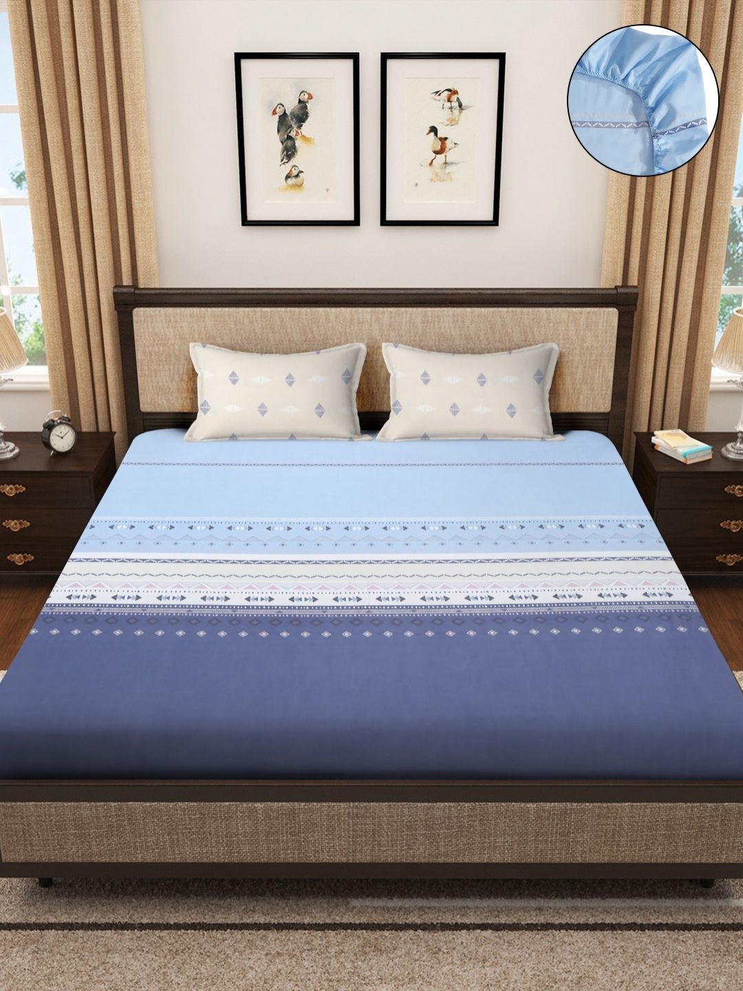 

SOKNACK Blue Geometric Printed 300 TC Fitted King Bedsheet with 2 Pillow Covers