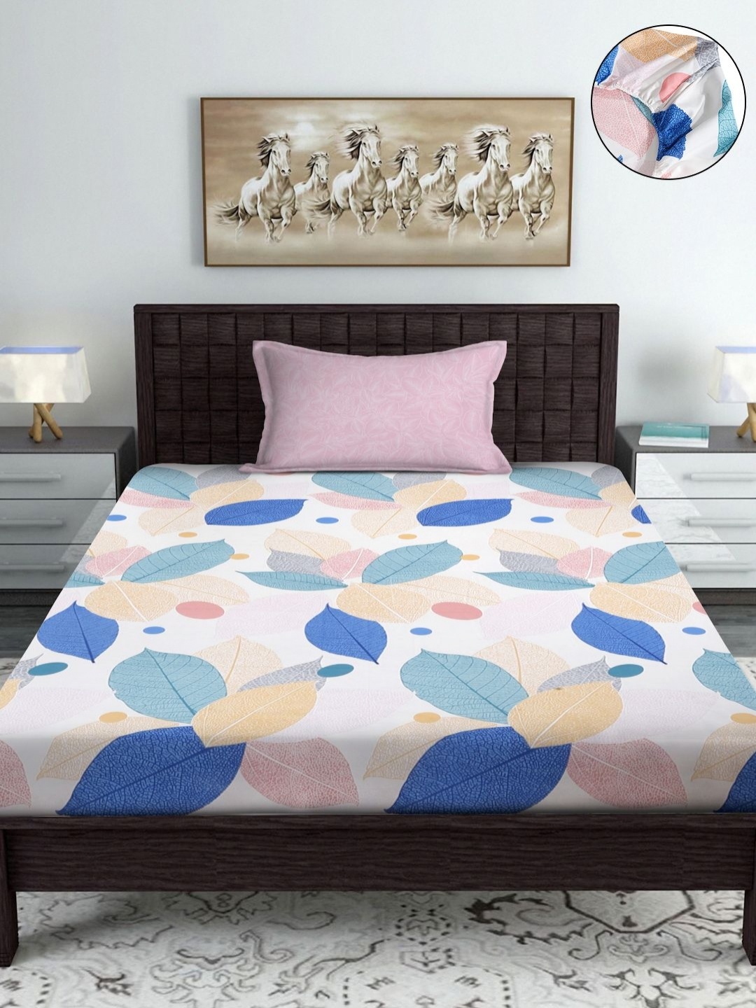 

SOKNACK White & Blue Floral Printed 280 TC Fitted Single Bedsheet With 1 Pillow Cover