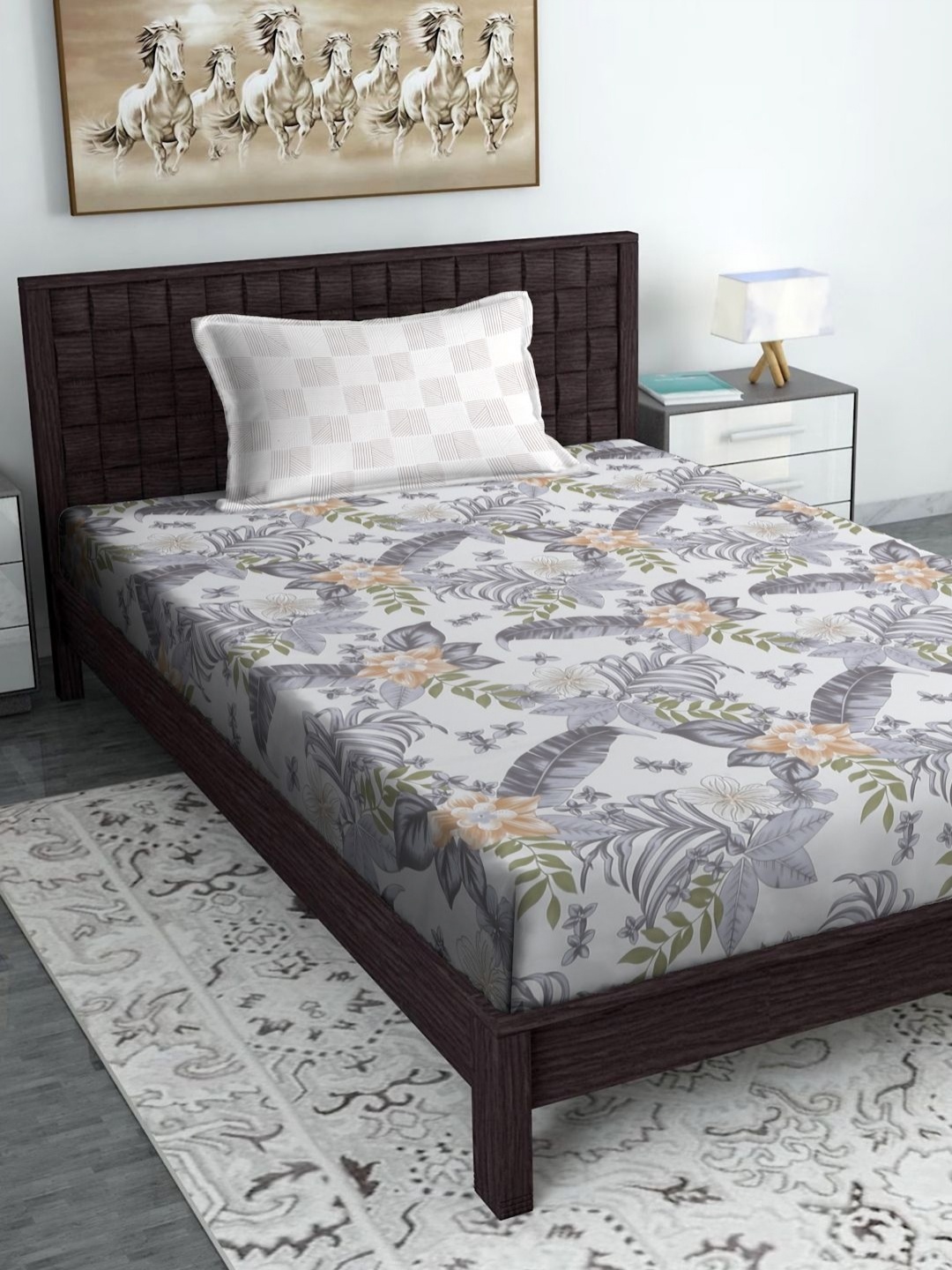 SOKNACK White & Grey Floral Printed 280 TC Single Bedsheet With 1 Pillow Cover