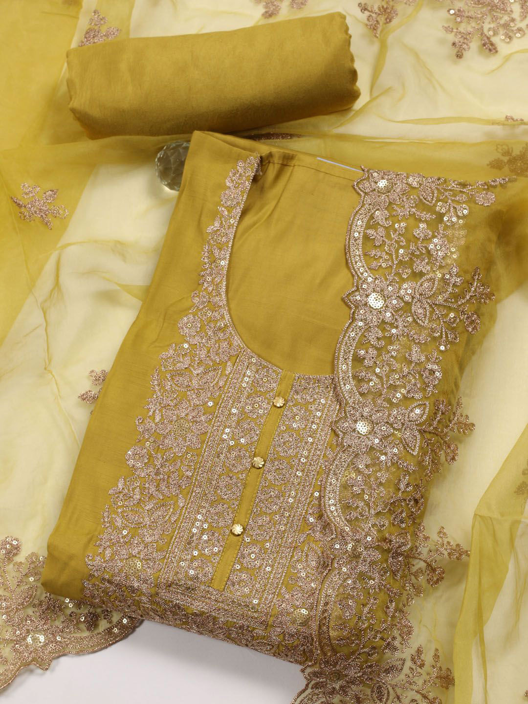 

Meena Bazaar Floral Embroidered Sequinned Unstitched Dress Material, Mustard