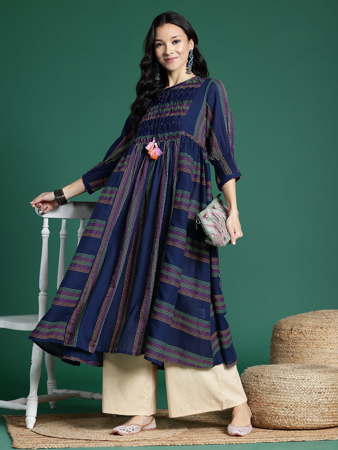 

Sangria Printed Beads & Stones Pure Cotton Kurta, Navy blue