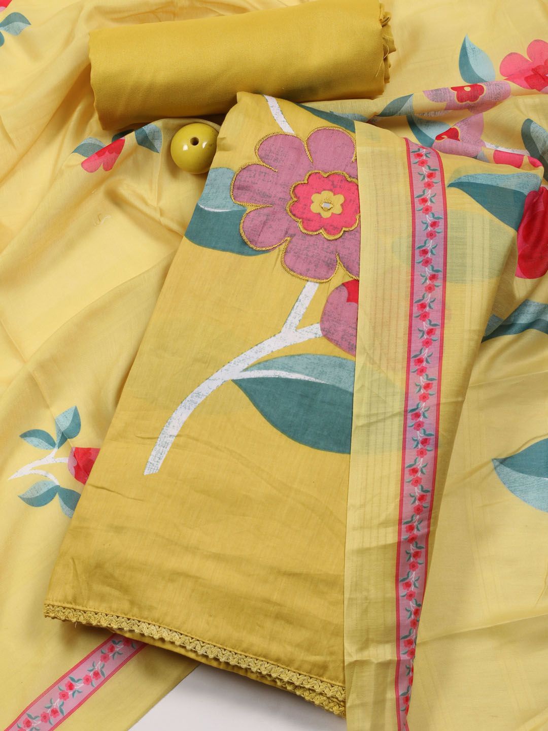 

Meena Bazaar Floral Printed Thread & Mirror Work Unstitched Dress Material, Mustard