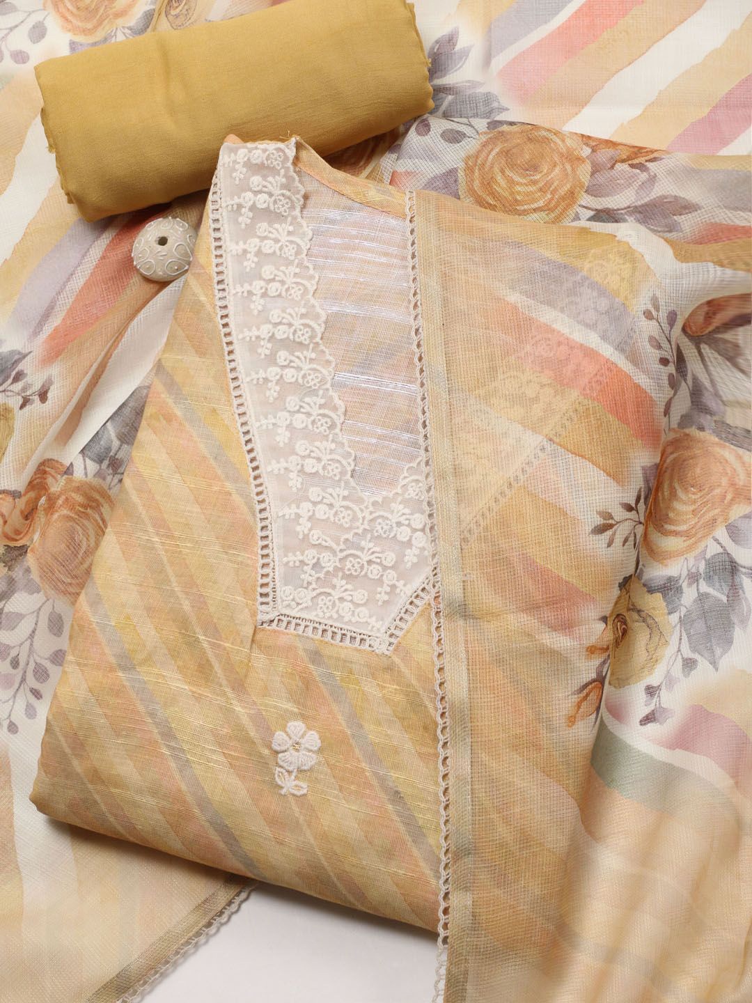 

Meena Bazaar Floral Printed Linen Unstitched Dress Material, Mustard
