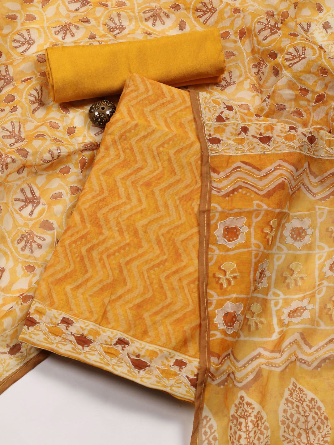 

Meena Bazaar Printed Art Silk Unstitched Dress Material, Mustard