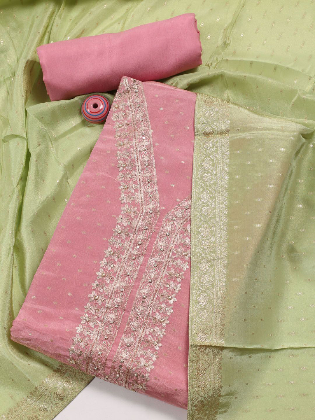 

Meena Bazaar Floral Embroidered Unstitched Dress Material, Pink