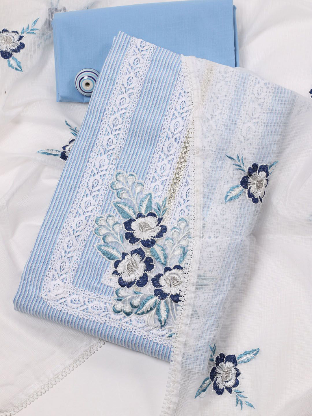 

Meena Bazaar Floral Woven Design Thread Work Unstitched Dress Material, Blue