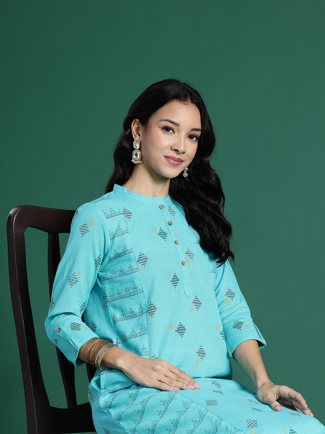 

Sangria Geometric Printed Kurta, Turquoise blue