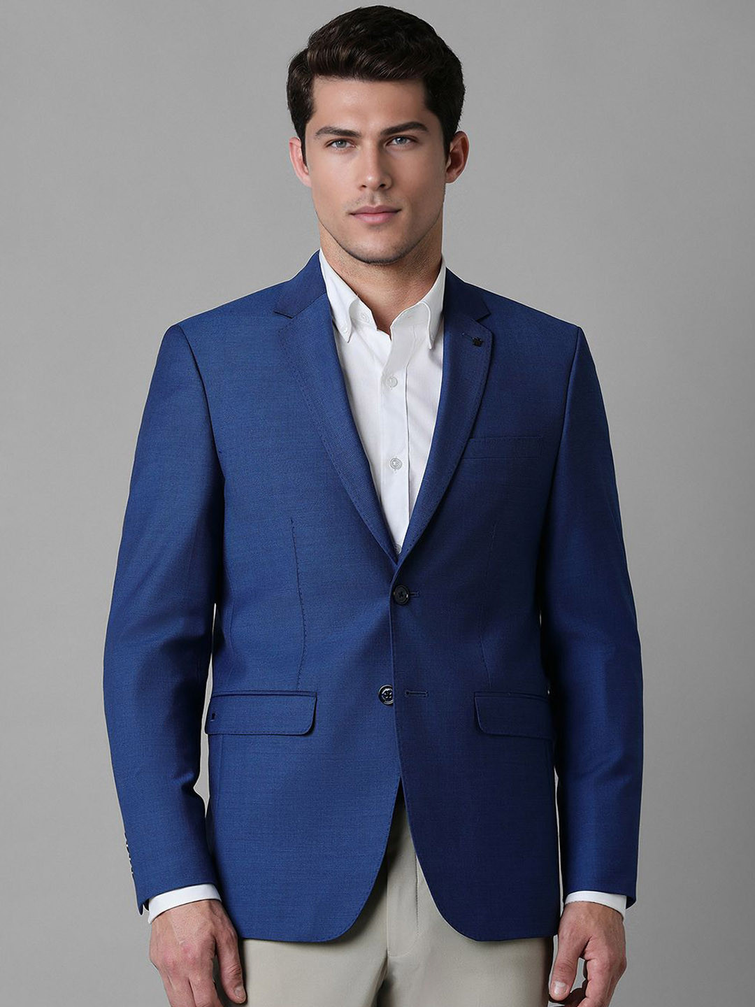 

Louis Philippe Textured Notched Lapel Collar Slim-Fit Single-Breasted Formal Blazer, Blue