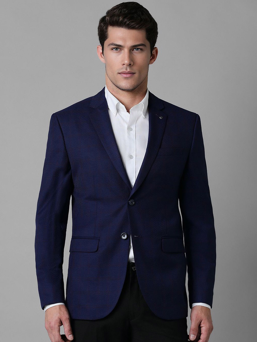 

Louis Philippe Textured Notched Lapel Collar Slim-Fit Single-Breasted Formal Blazer, Navy blue