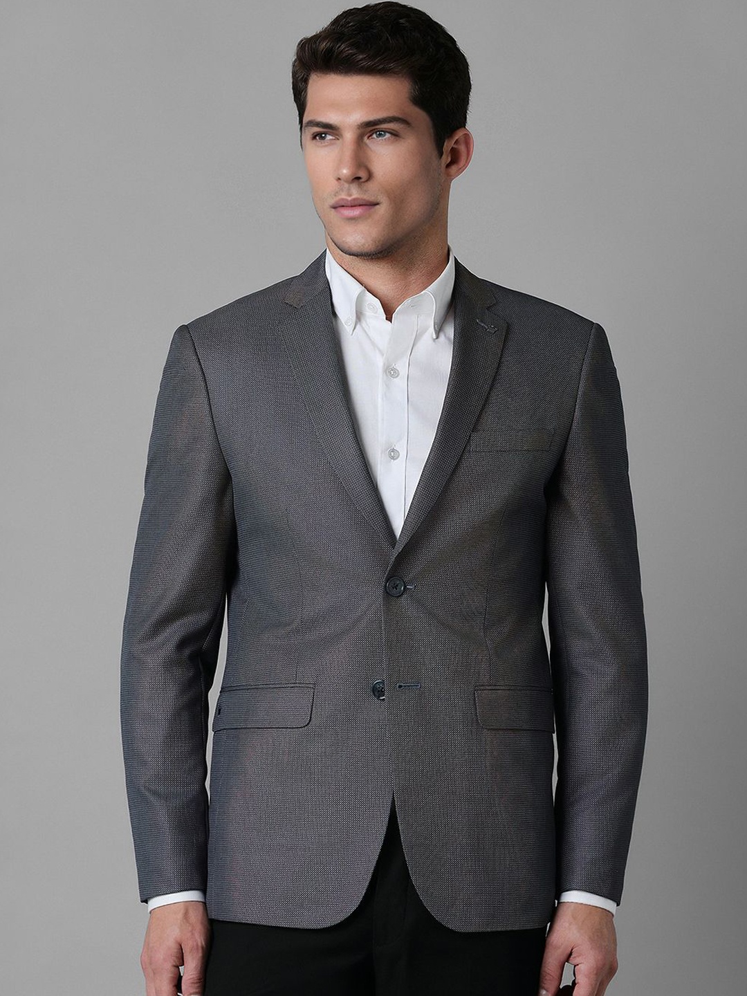 

Louis Philippe Textured Slim-Fit Notched Lapel Collar Single-Breasted Formal Blazer, Grey