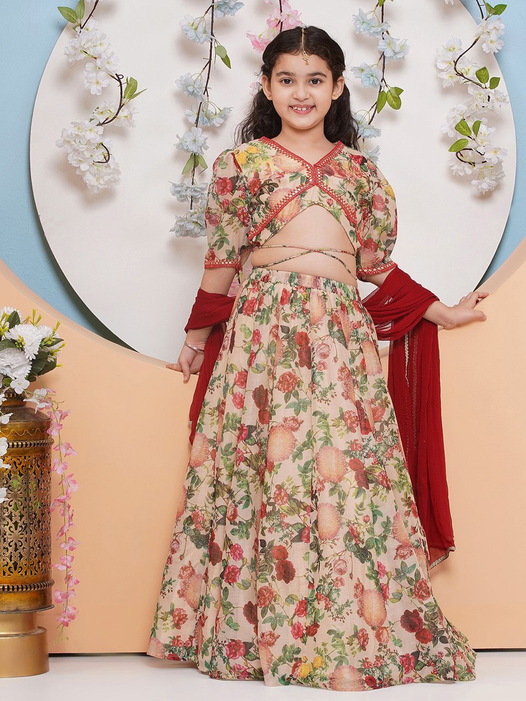 

Bitiya by Bhama Girls Printed Mirror Work Ready to Wear Lehenga & Blouse With Dupatta, Beige