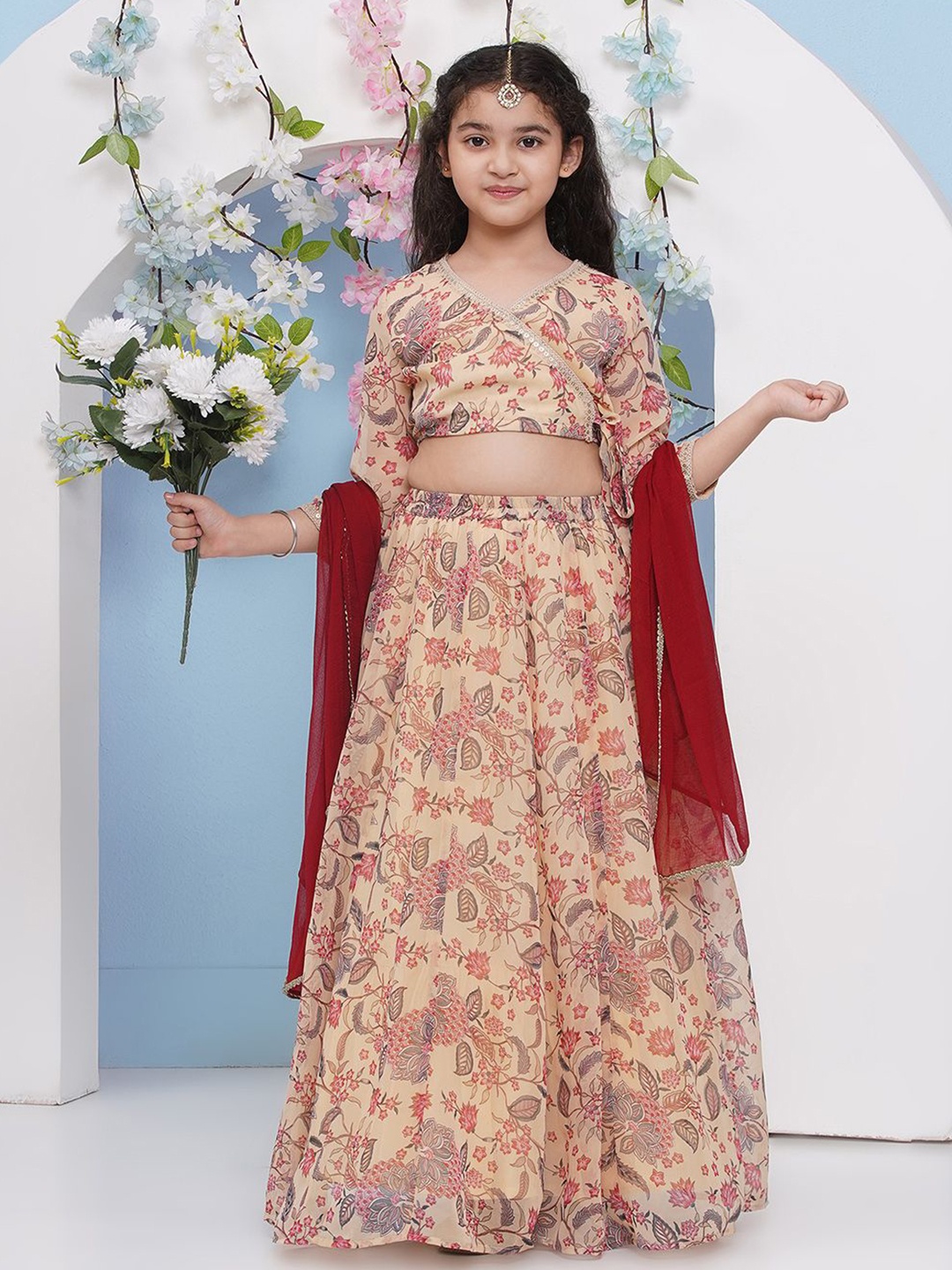 

Bitiya by Bhama Girls Printed Ready To Wear Lehenga & Blouse With Dupatta, Beige