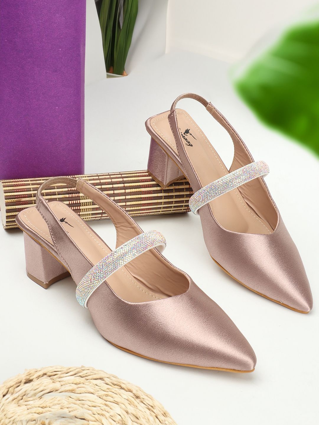 

CHINRAAG Textured Suede Pointed Toe Back Strap Ethnic Block Mary Janes, Peach