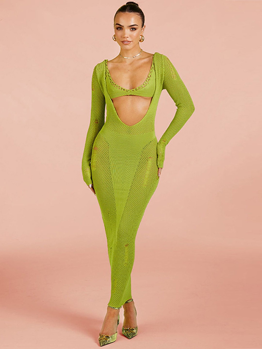 

LULU & SKY Self Design V-Neck Bodycon Maxi Dress With Bralette, Green