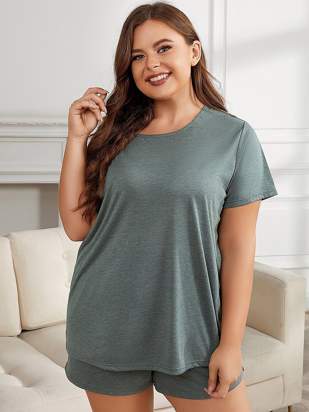 

LULU & SKY Plus Size Round Neck Night Suit, Green