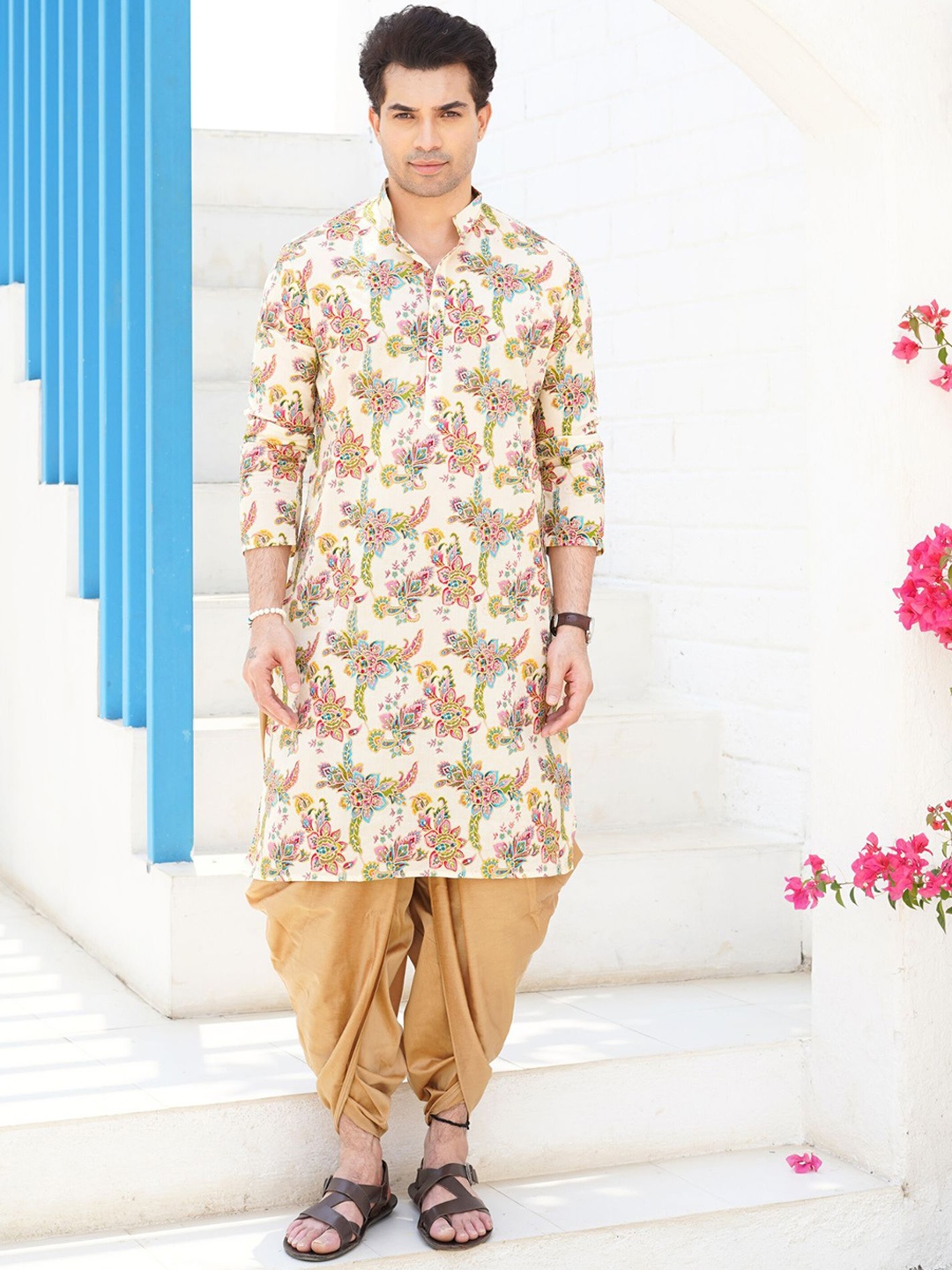 

SHIWAM ETHNIX Floral Printed Mandarin Collar Cotton Straight Kurta, Cream