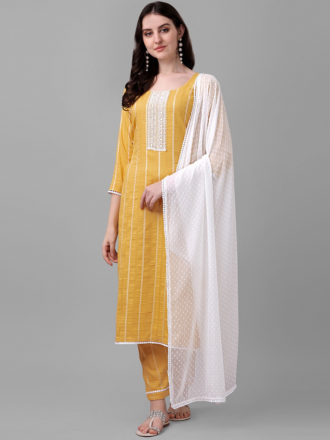 

Sashay Boutique Striped Round Neck Straight Kurta With Trousers & Dupatta, Yellow